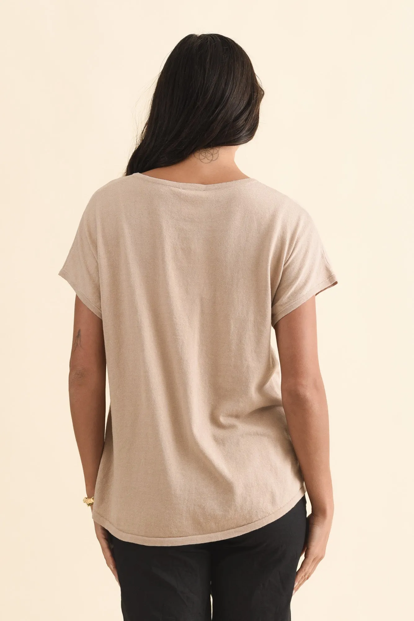 Via Beige Cotton V Neck Knit Top sold by Blue Bungalow product image thumbnail 4