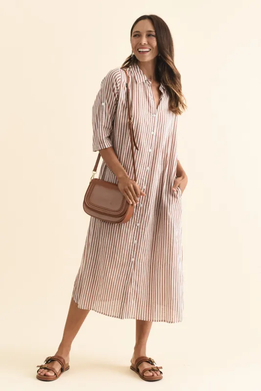 Tricia Mocha Stripe Cotton Shirt Dress sold by Blue Bungalow