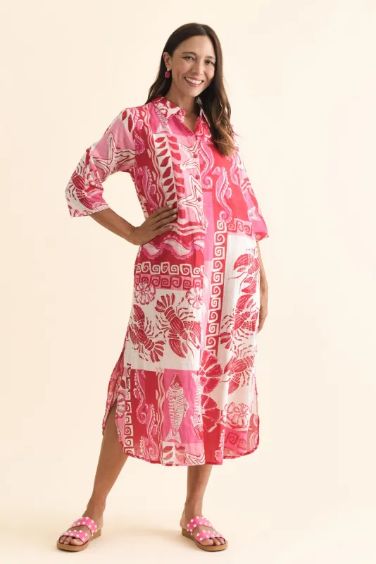 Tricia Red Ocean Cotton Shirt Dress sold by Blue Bungalow
