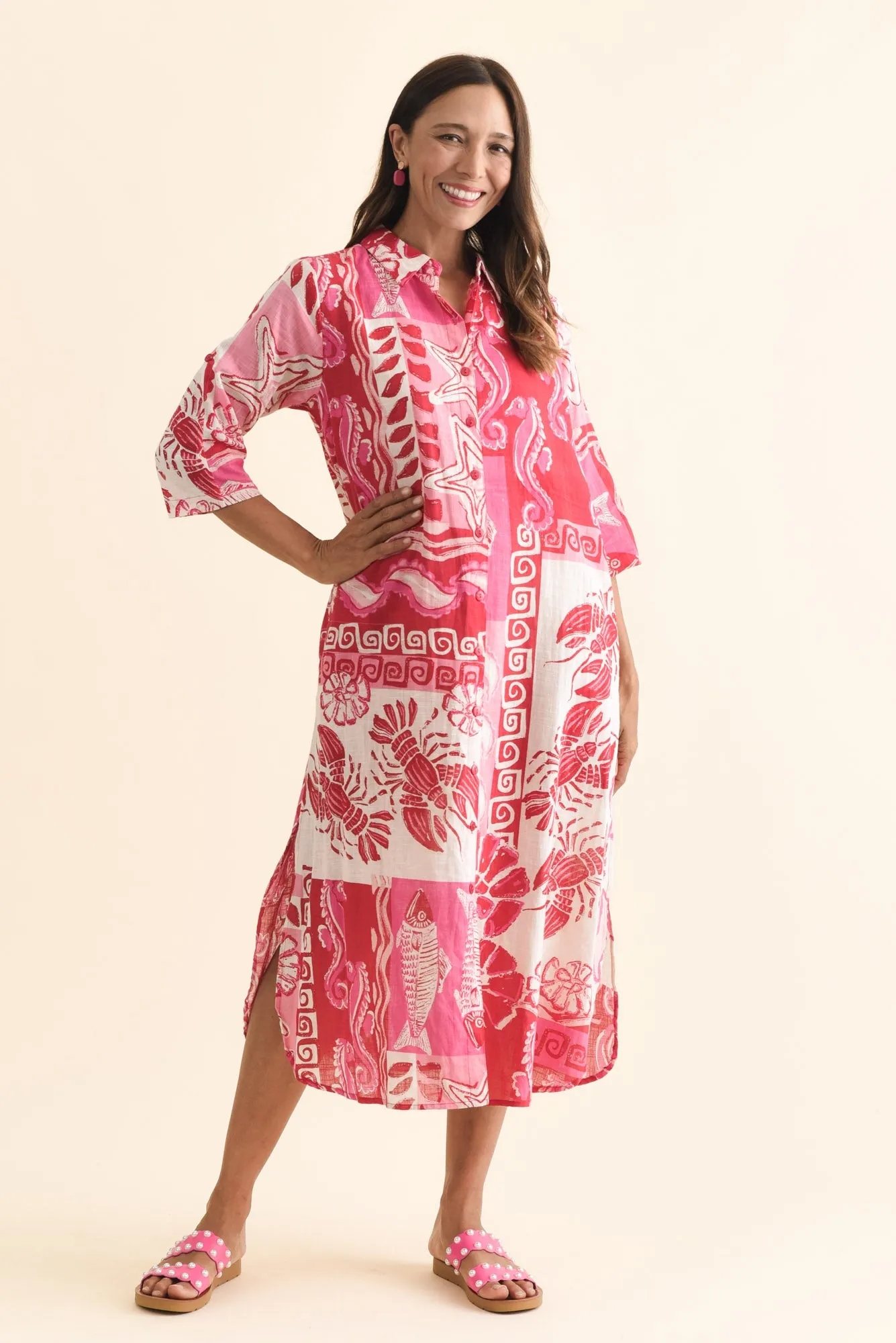 Tricia Red Ocean Cotton Shirt Dress sold by Blue Bungalow