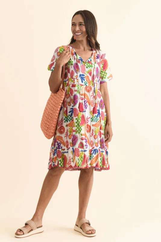 Marisol White Fruity Crinkle Cotton Dress sold by Blue Bungalow