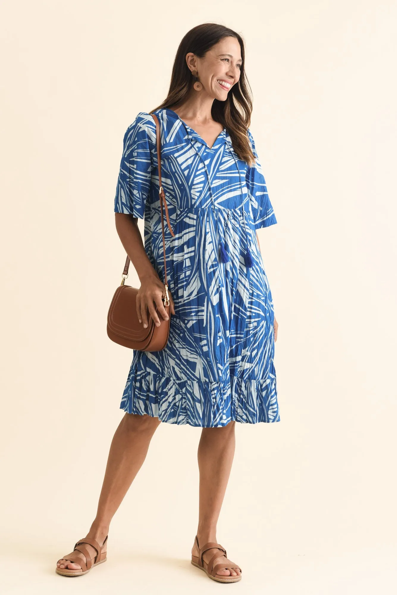 Mila Blue Leaf Crinkle Cotton Dress sold by Blue Bungalow