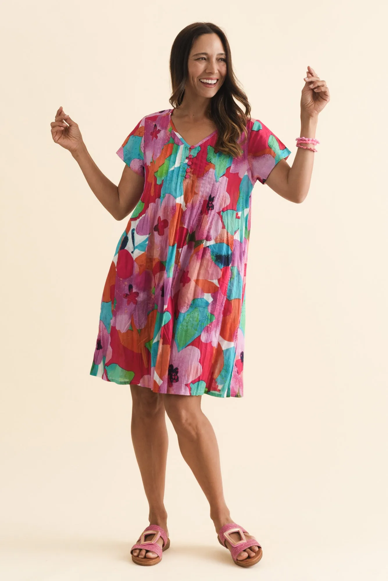 Sabina Pink Floral Crinkle Cotton Dress sold by Blue Bungalow