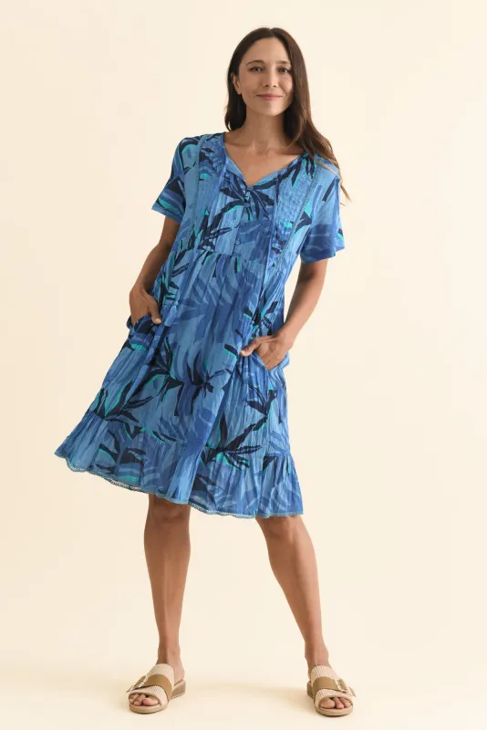 Marisol Blue Leaf Crinkle Cotton Dress sold by Blue Bungalow