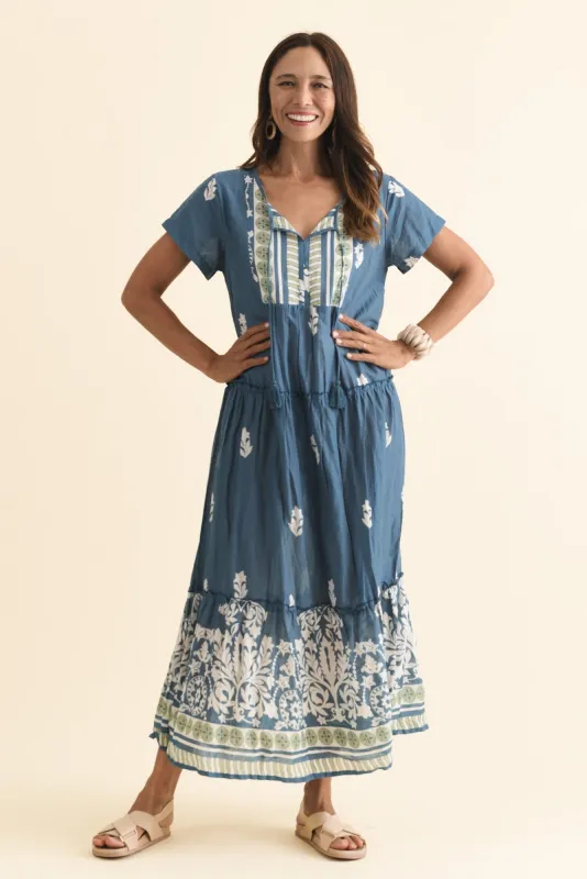 Nona Steel Abstract Crinkle Cotton Maxi Dress sold by Blue Bungalow