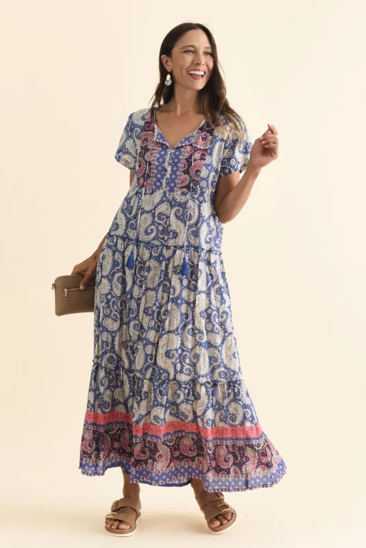 Nona Blue Paisley Crinkle Cotton Maxi Dress sold by Blue Bungalow