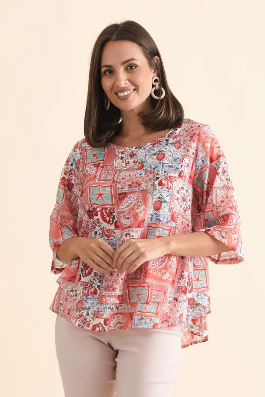 Liora Coral Patchwork Layered Top sold by Blue Bungalow