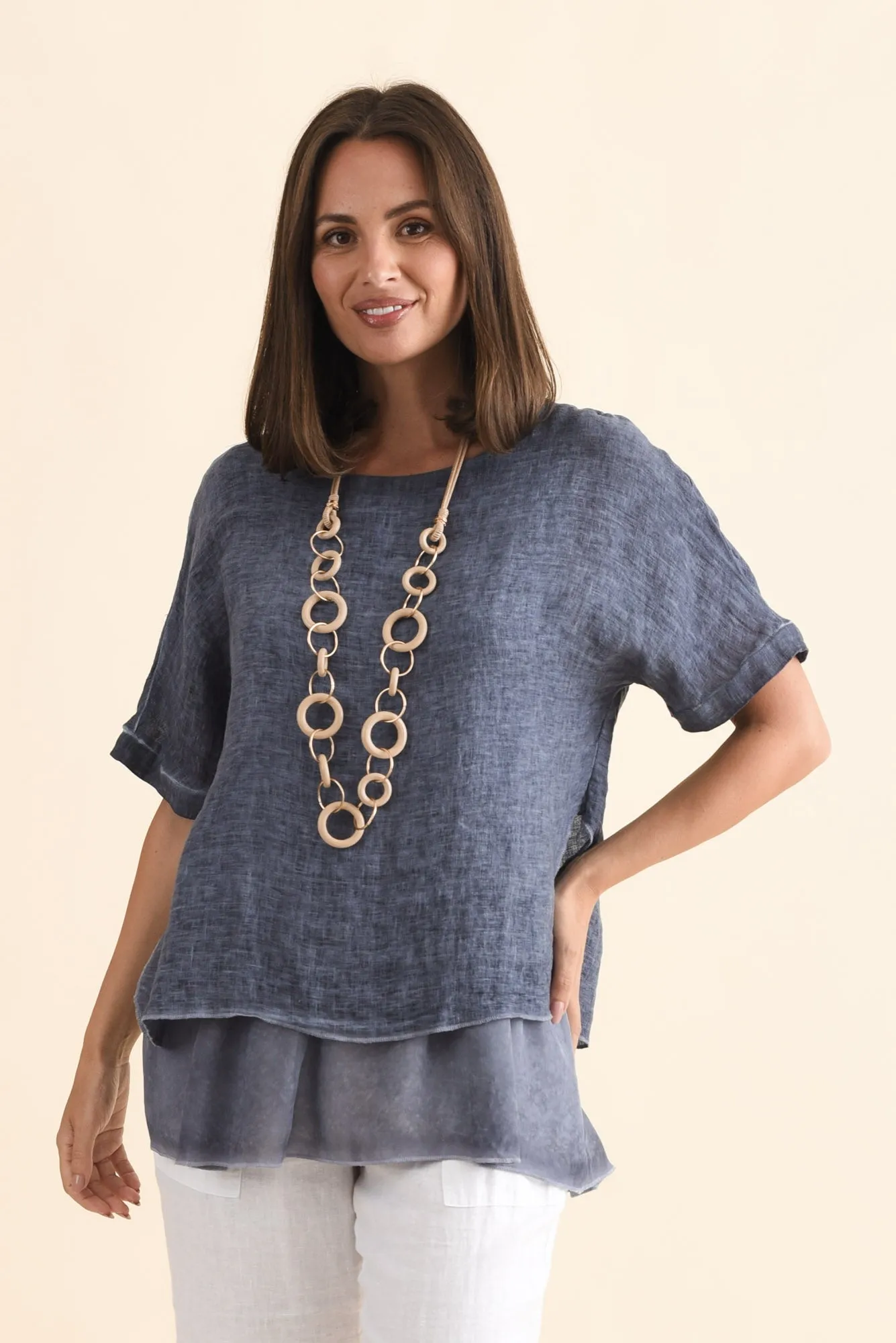 Kayla Dark Blue Linen Layered Top sold by Blue Bungalow