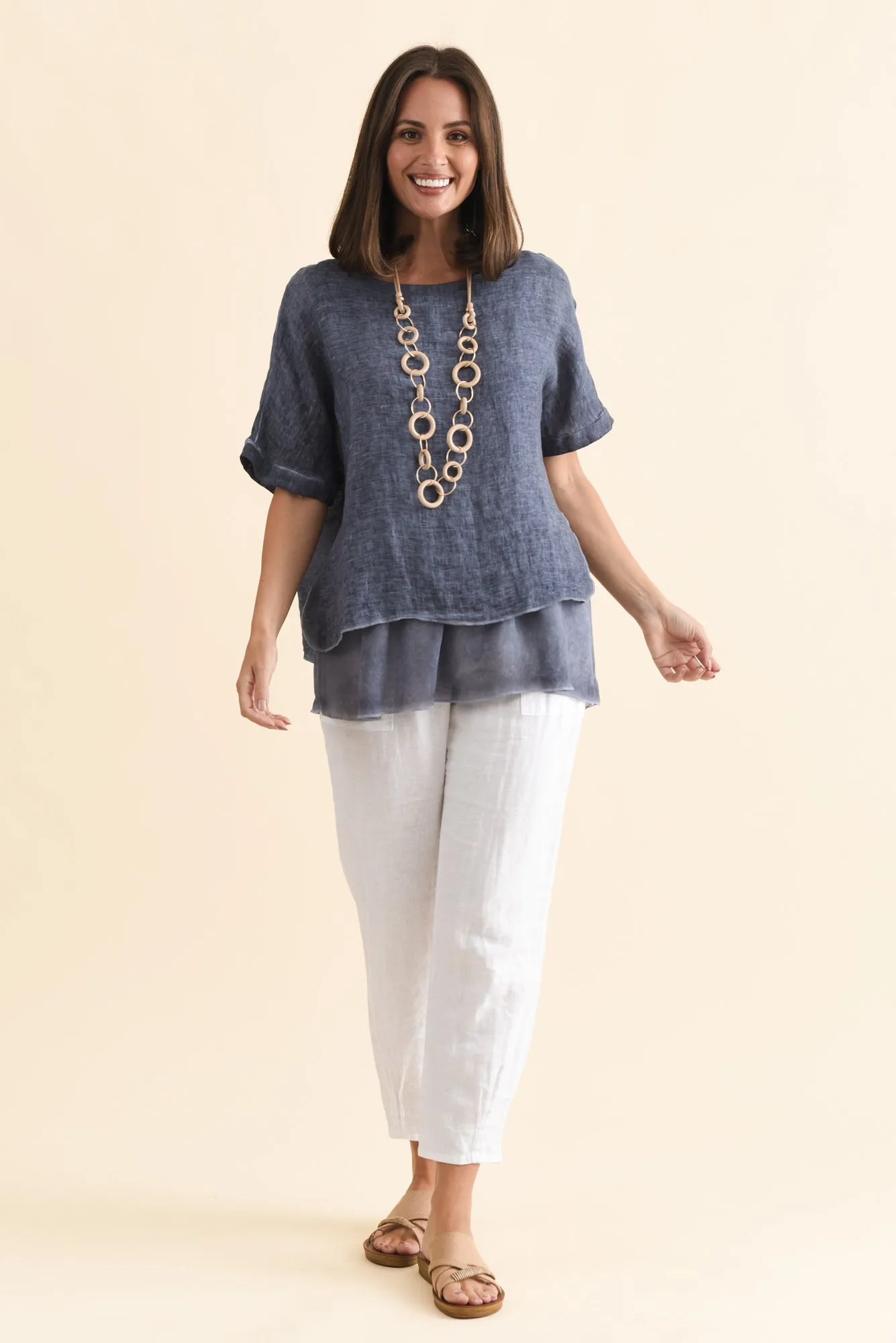 Kayla Dark Blue Linen Layered Top sold by Blue Bungalow product image thumbnail 2