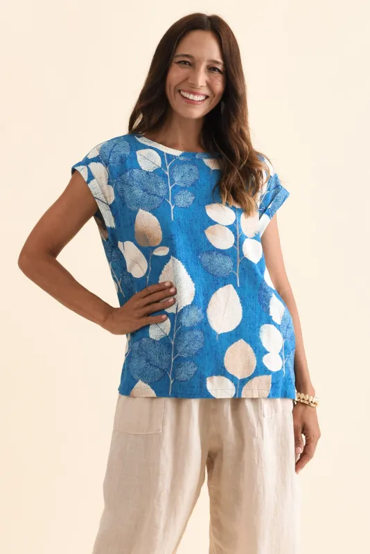 Alta Blue Leaf Linen Cotton Top sold by Blue Bungalow