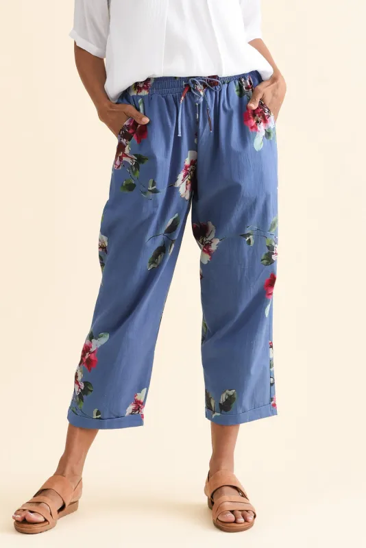 Zina Blue Flower Cotton Pants sold by Blue Bungalow