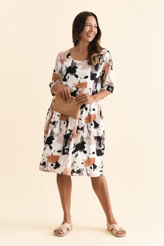 Myley Cream Splash Linen Cotton Dress sold by Blue Bungalow