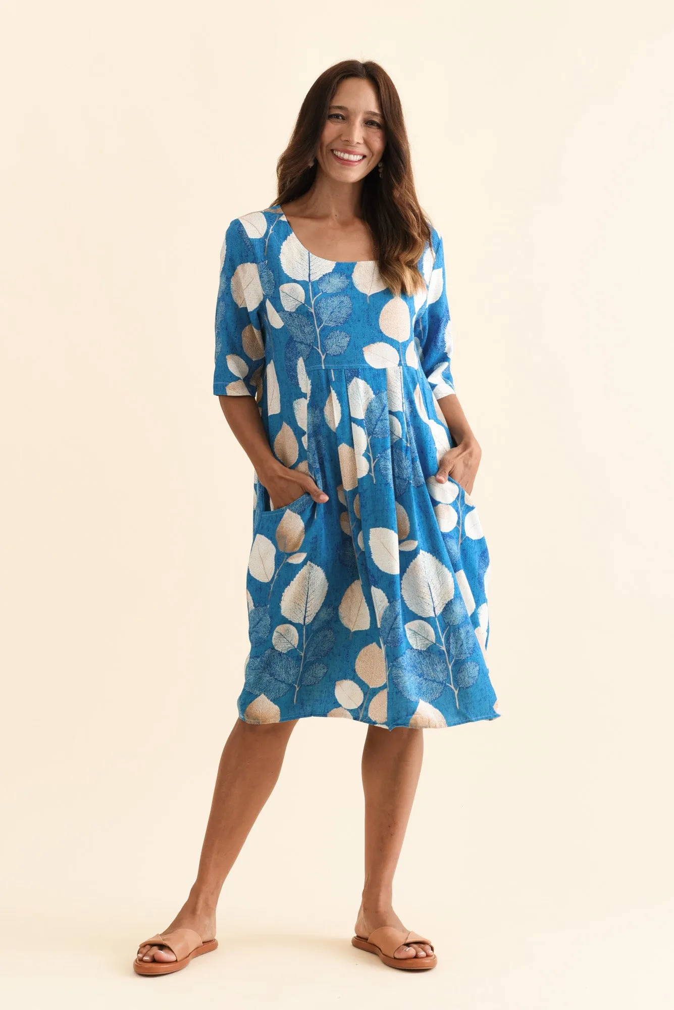 Myley Blue Leaf Linen Cotton Dress sold by Blue Bungalow