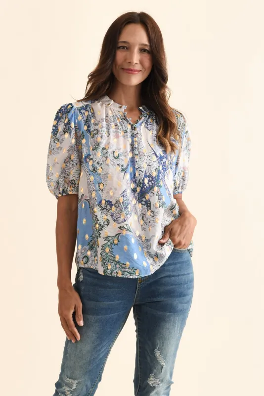 Alexandra Blue Abstract Button Top sold by Blue Bungalow