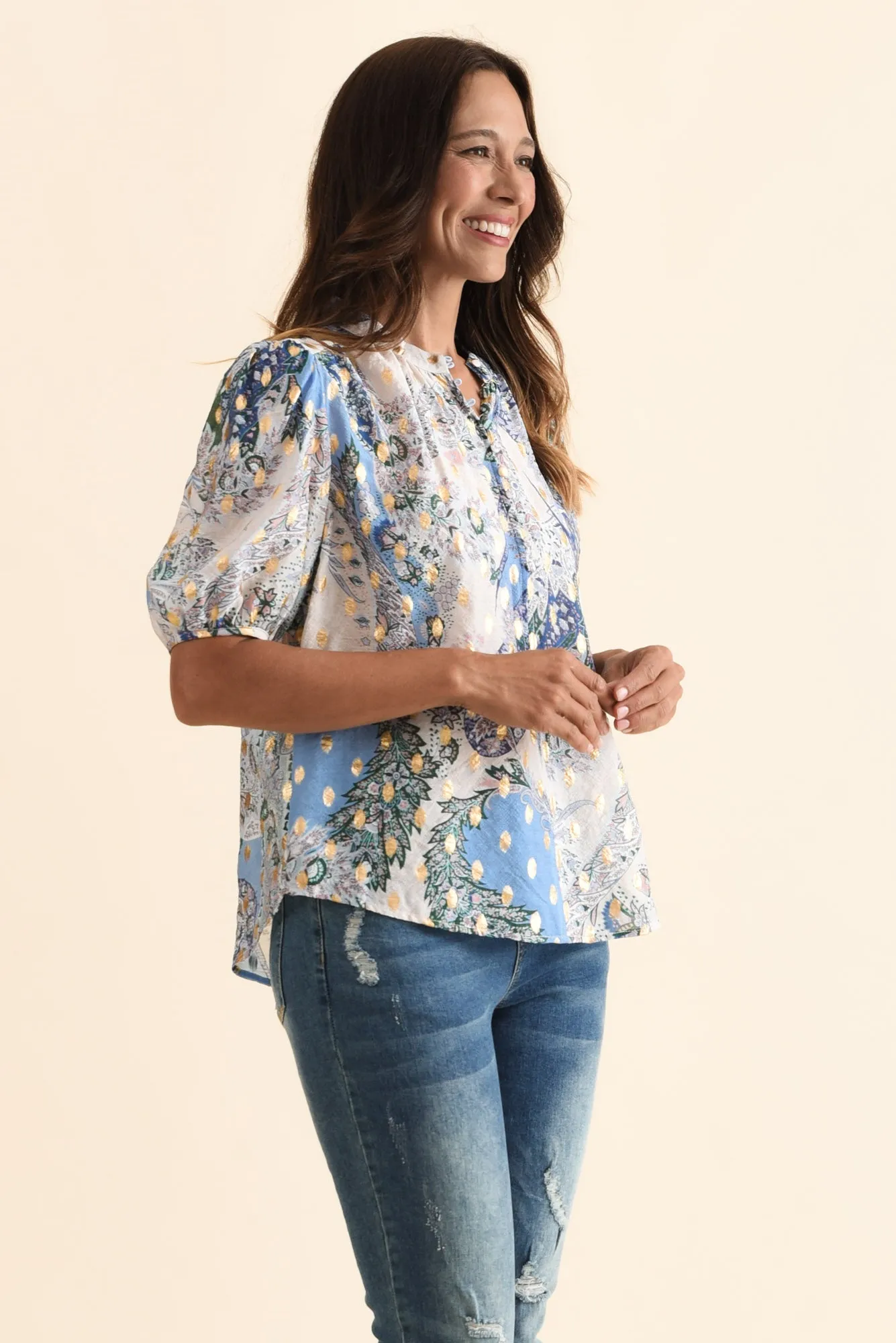 Alexandra Blue Abstract Button Top sold by Blue Bungalow product image thumbnail 3