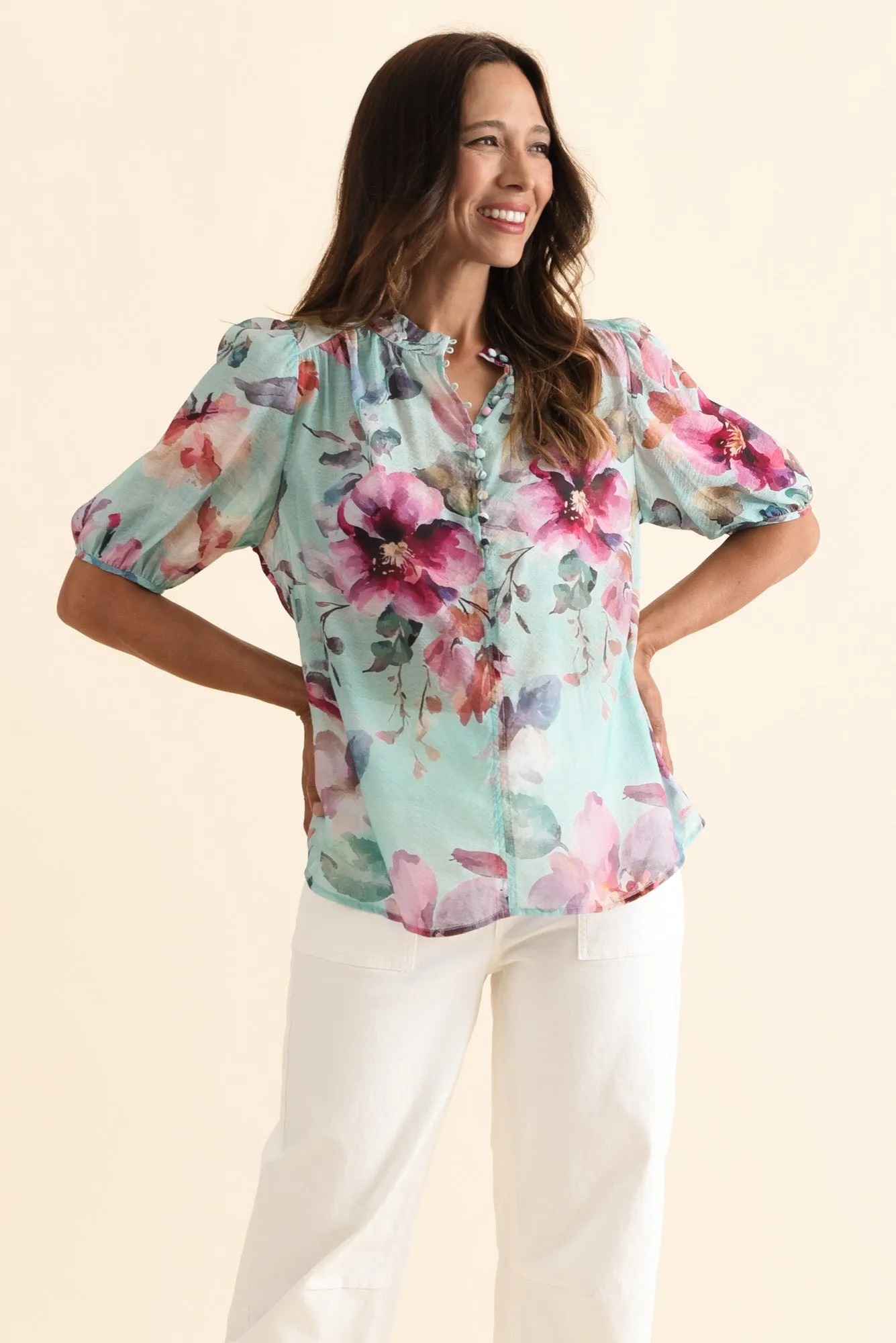 Alexandra Blue Floral Button Top sold by Blue Bungalow