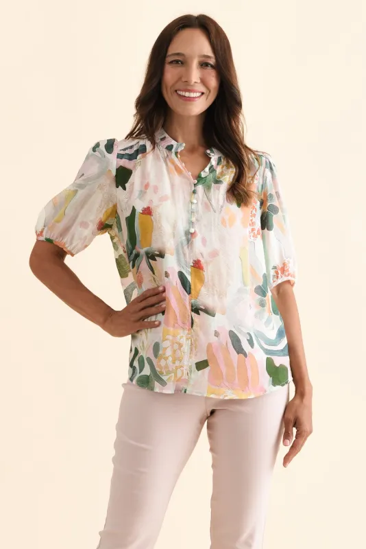Alexandra Blue Botanical Button Top made by Willow Tree