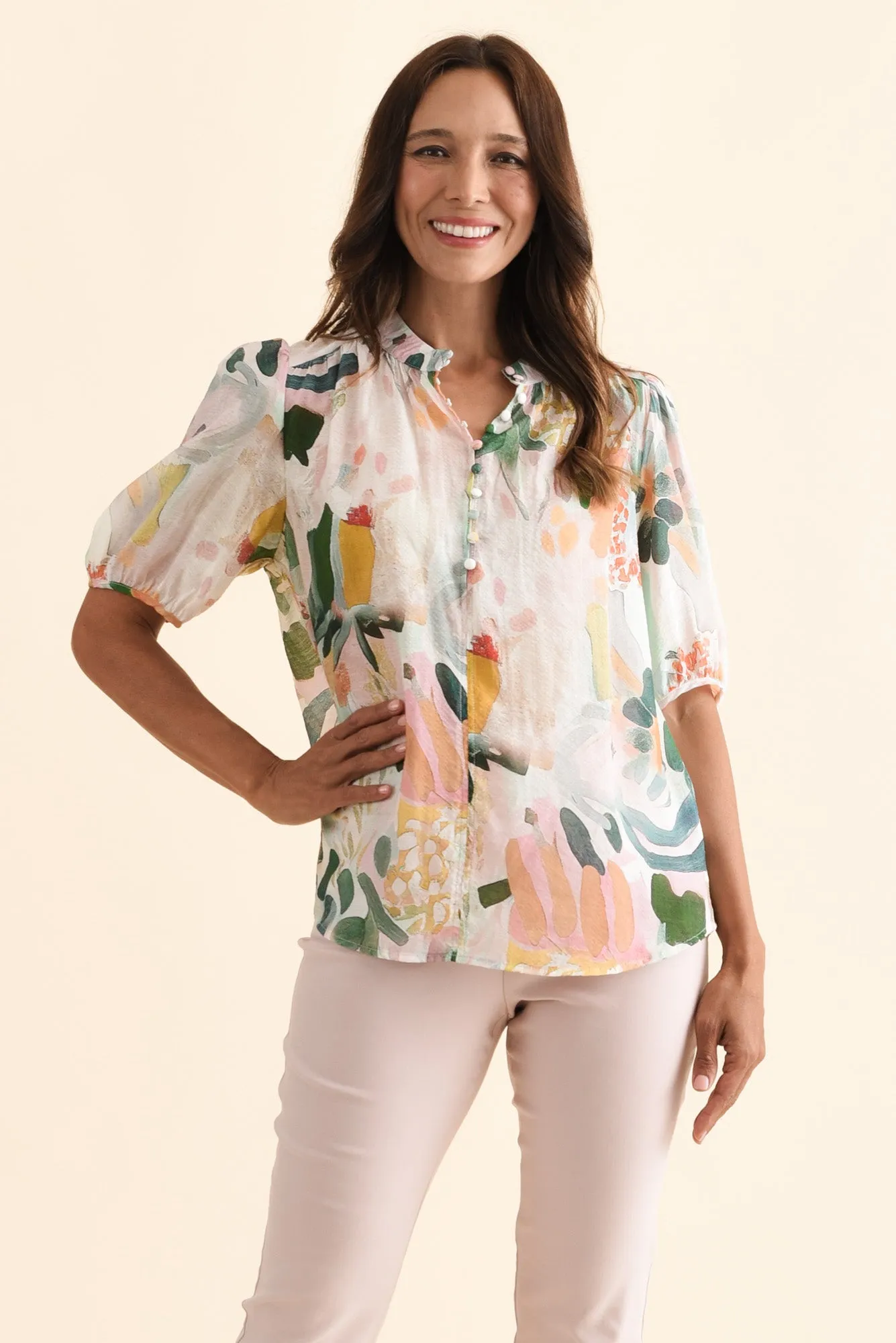 Alexandra Blue Botanical Button Top sold by Blue Bungalow