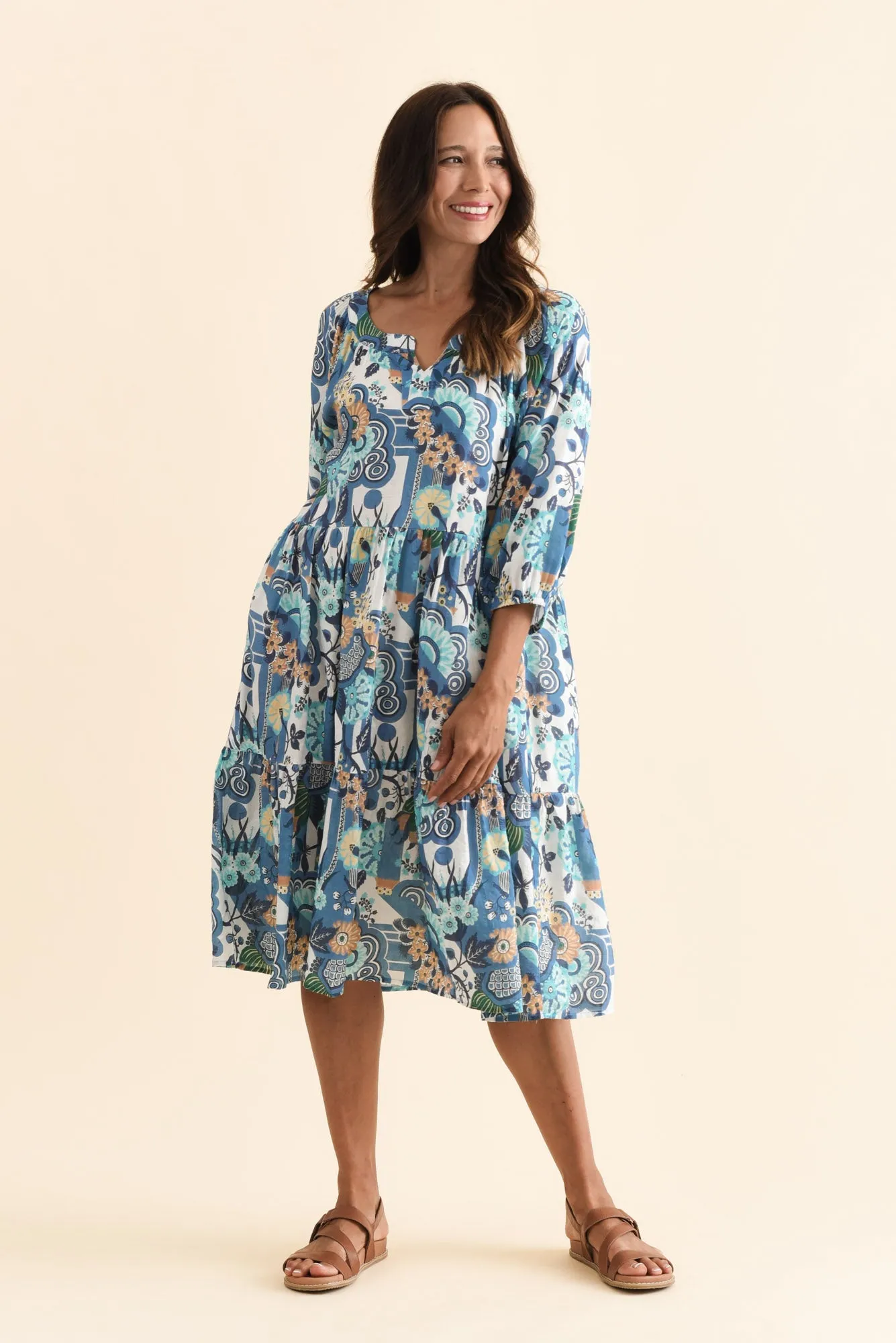Irene Blue Floral Cotton Blend Dress sold by Blue Bungalow
