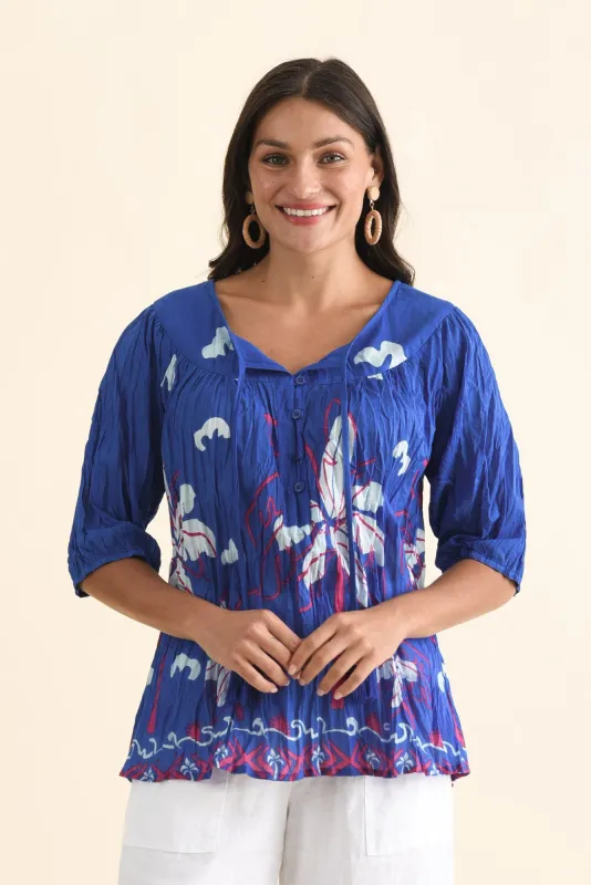 Claris Cobalt Tropical Crinkle Cotton Top sold by Blue Bungalow