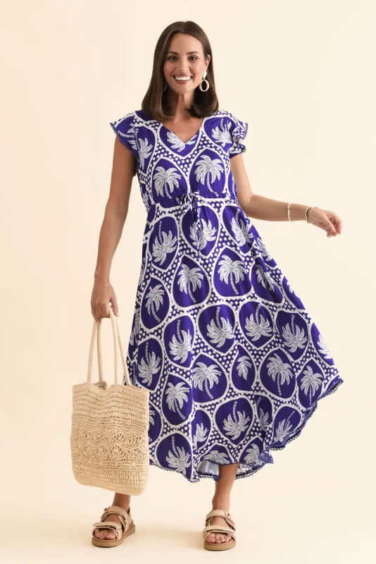 Libby Blue Palm Midi Dress sold by Blue Bungalow