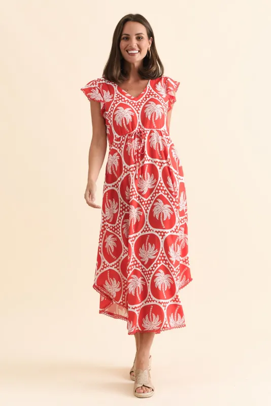 Libby Red Palm Midi Dress sold by Blue Bungalow