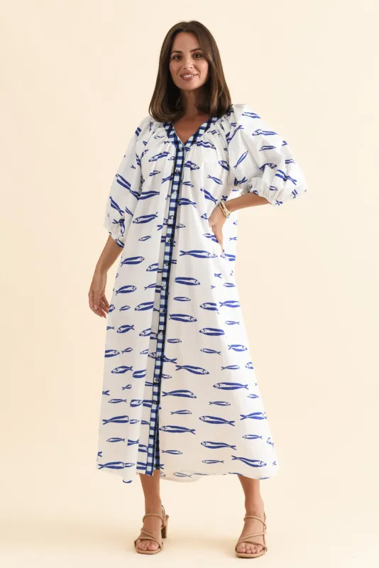 Florence Blue Sea Cotton Tie Dress sold by Blue Bungalow