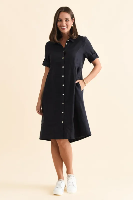 Katy Navy Linen Pocket Dress sold by Blue Bungalow