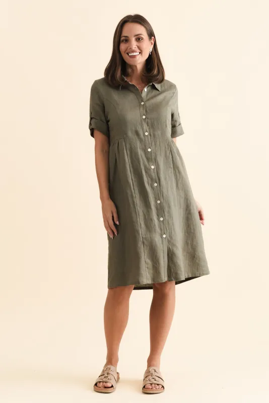 Katy Olive Linen Pocket Dress sold by Blue Bungalow