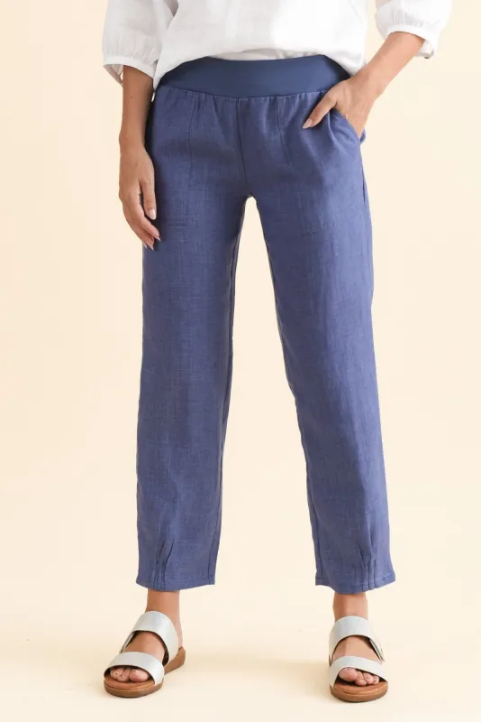 Hudson Dark Blue Linen Pocket Pants sold by Blue Bungalow