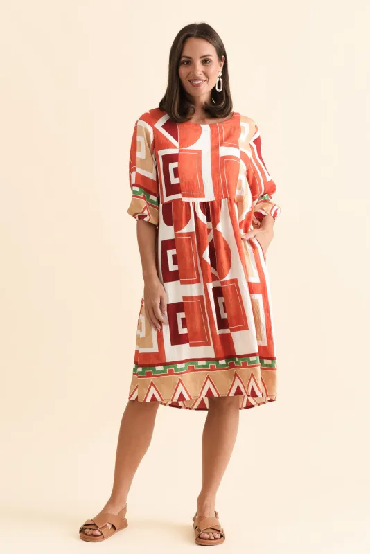 Nicolette Orange Geo Cotton Sleeved Dress sold by Blue Bungalow
