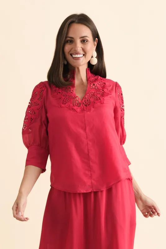 Oleander Ruby Cotton Silk Blouse sold by Blue Bungalow