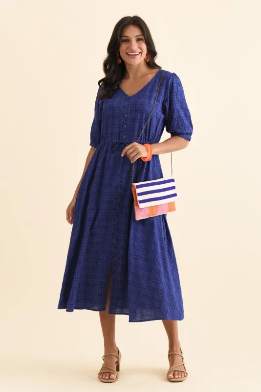 Weslyn Cobalt Check Cotton Blend Dress sold by Blue Bungalow
