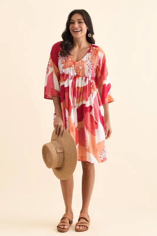 Ava Pink Abstract Cotton Pocket Dress sold by Blue Bungalow