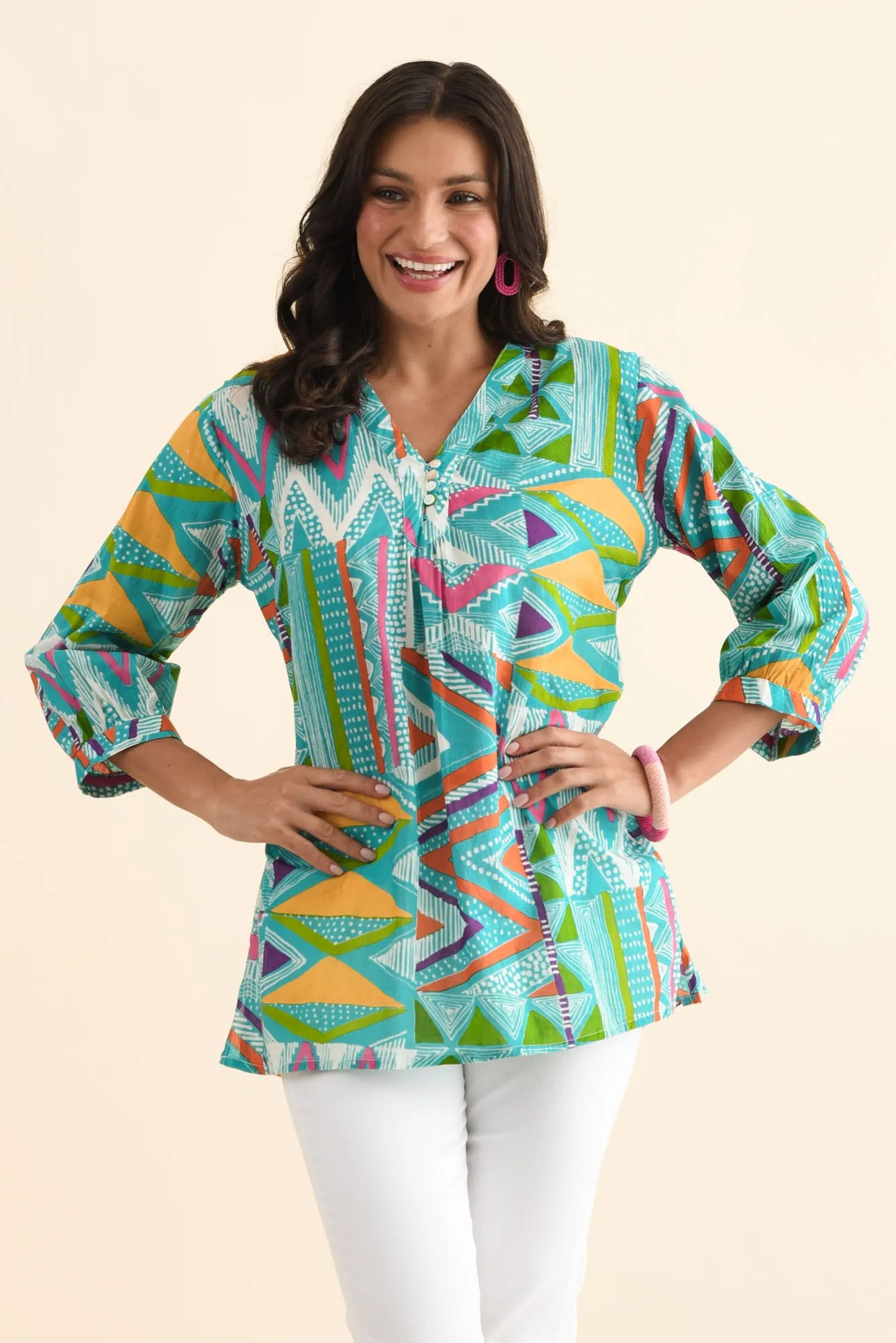 Derine Aqua Abstract Cotton Button Top sold by Blue Bungalow