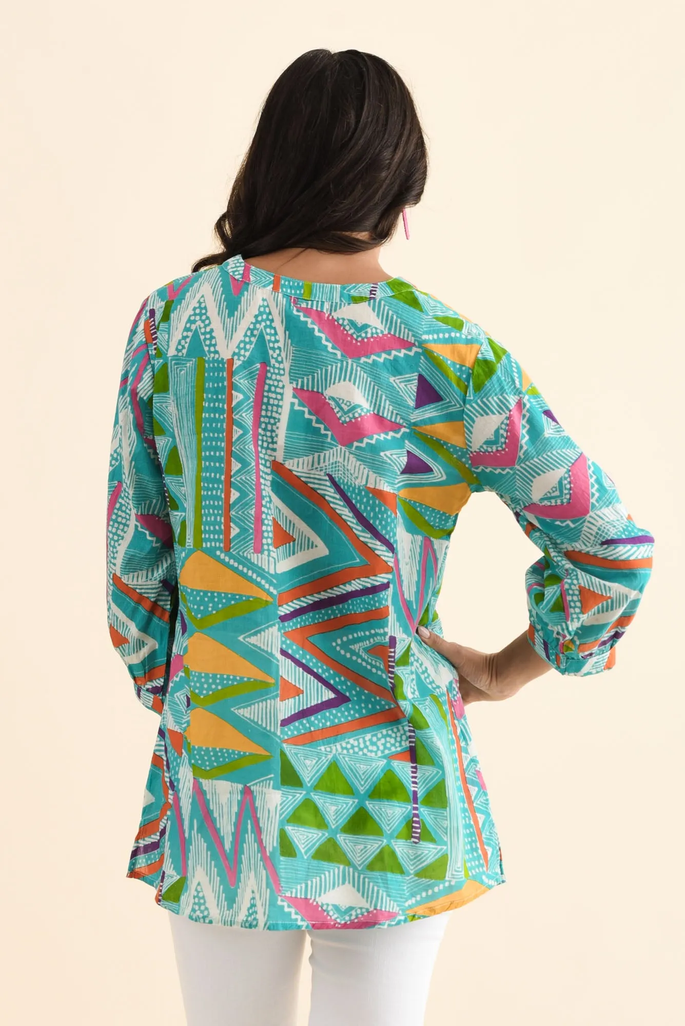 Derine Aqua Abstract Cotton Button Top sold by Blue Bungalow product image thumbnail 4