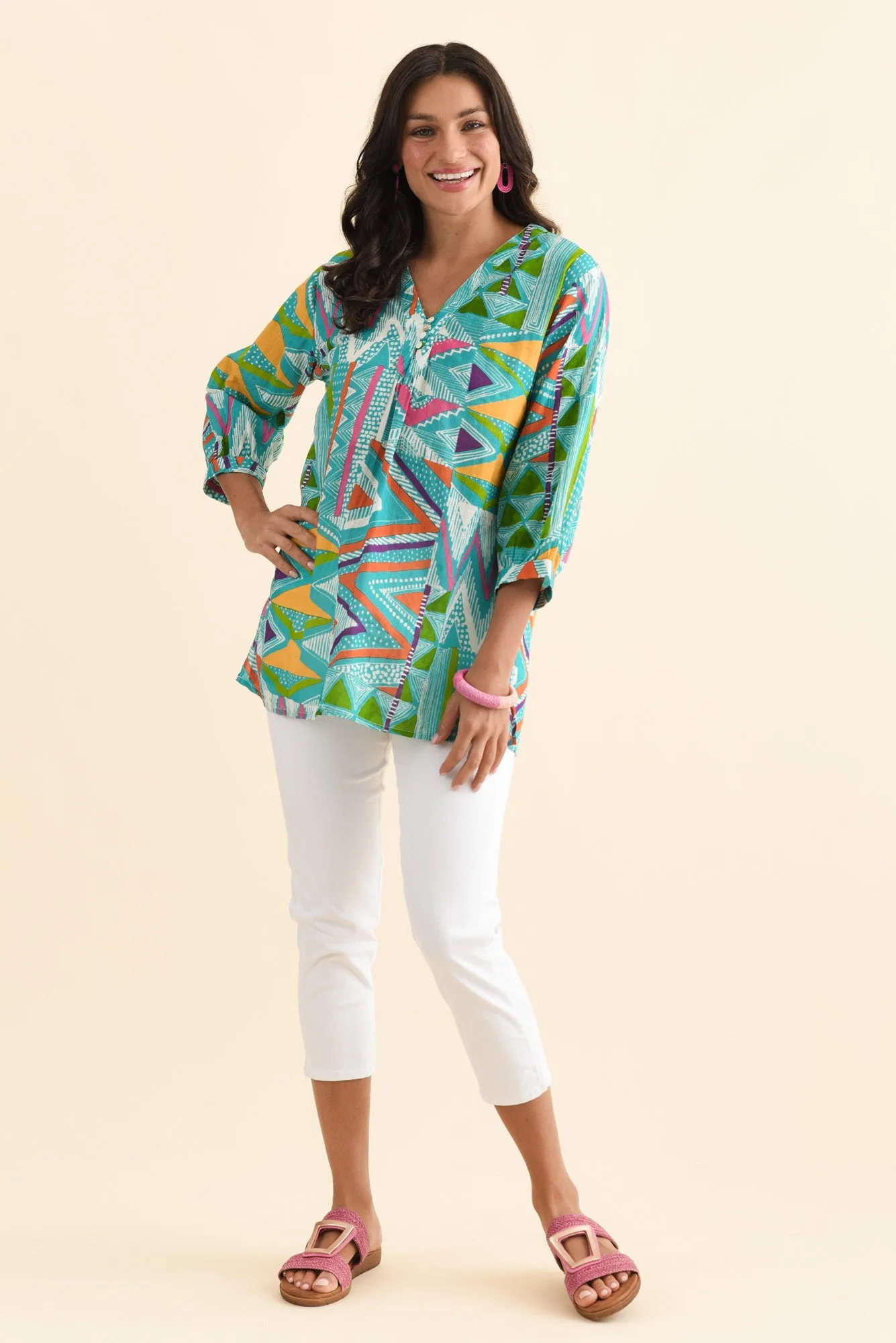 Derine Aqua Abstract Cotton Button Top sold by Blue Bungalow product image thumbnail 2