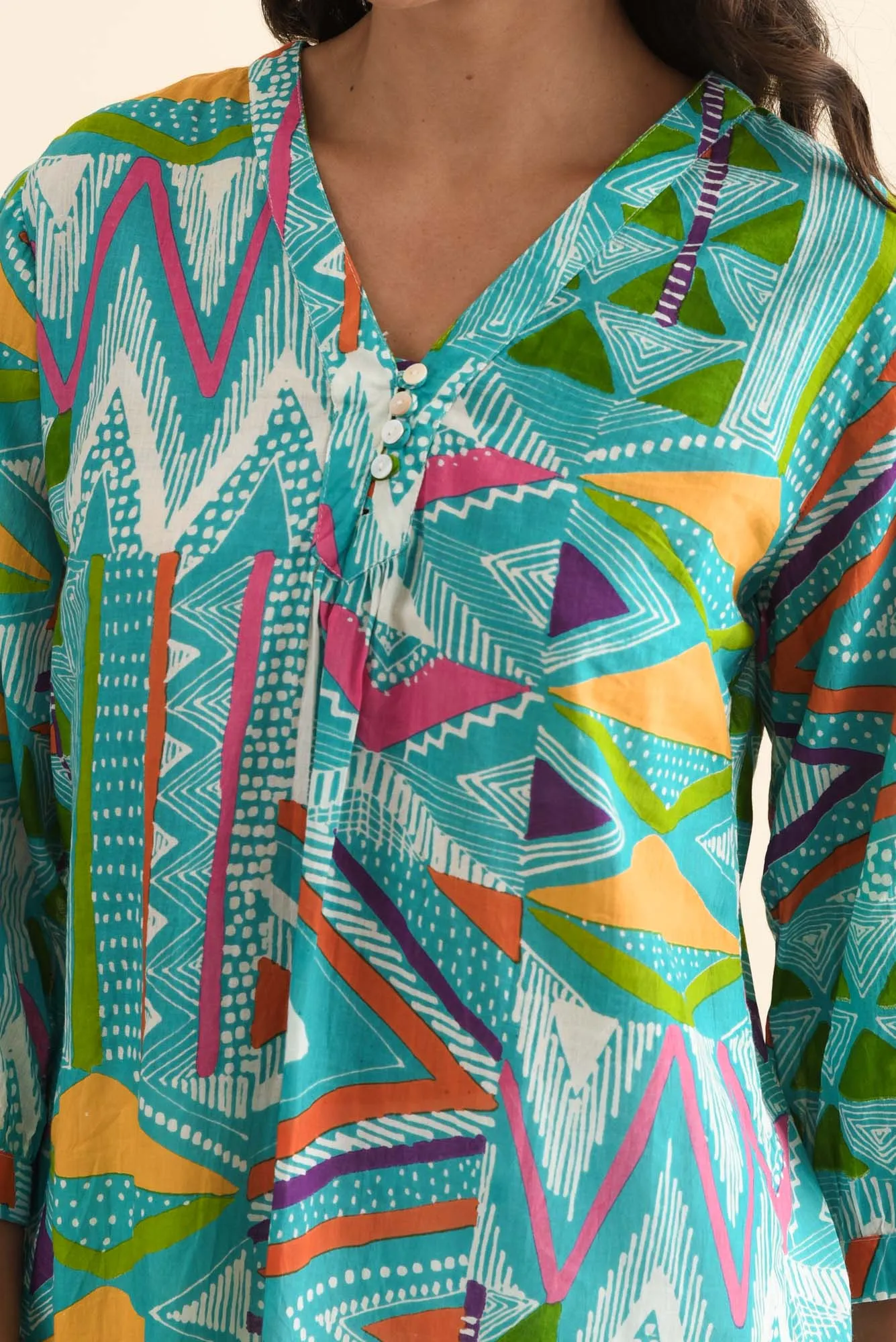 Derine Aqua Abstract Cotton Button Top sold by Blue Bungalow product image thumbnail 5