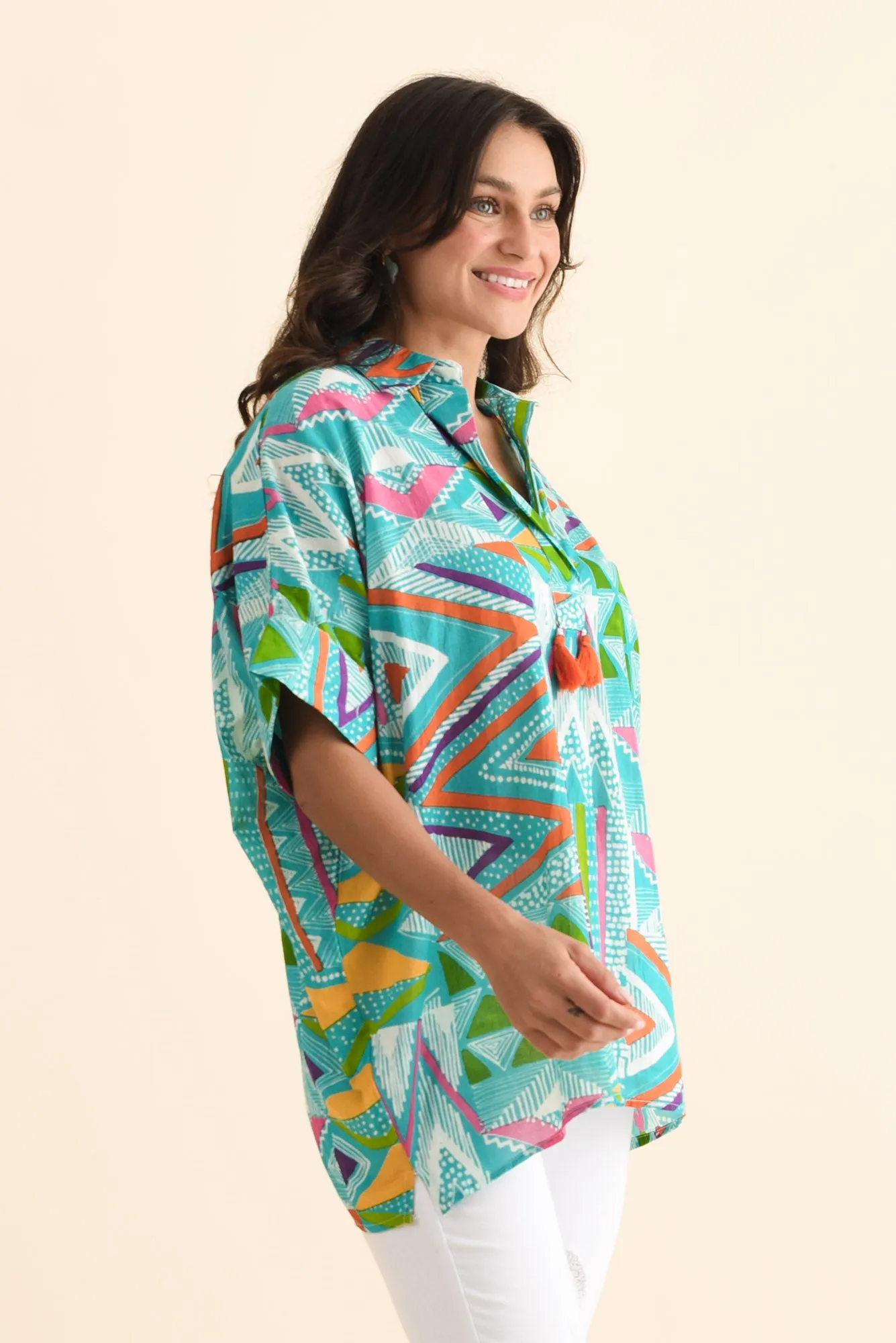 Julie Aqua Abstract Cotton Tassel Top sold by Blue Bungalow product image thumbnail 3