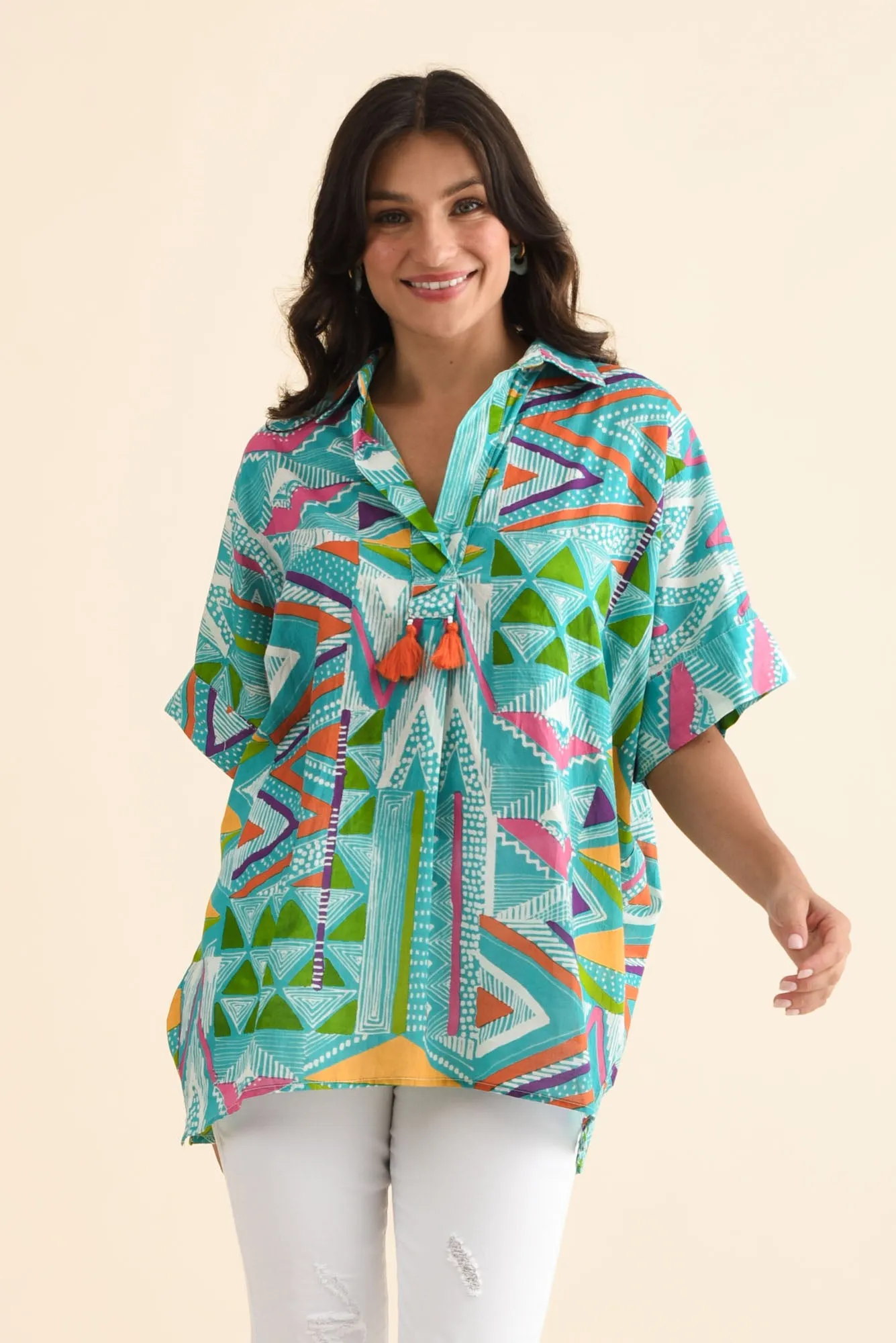 Julie Aqua Abstract Cotton Tassel Top sold by Blue Bungalow
