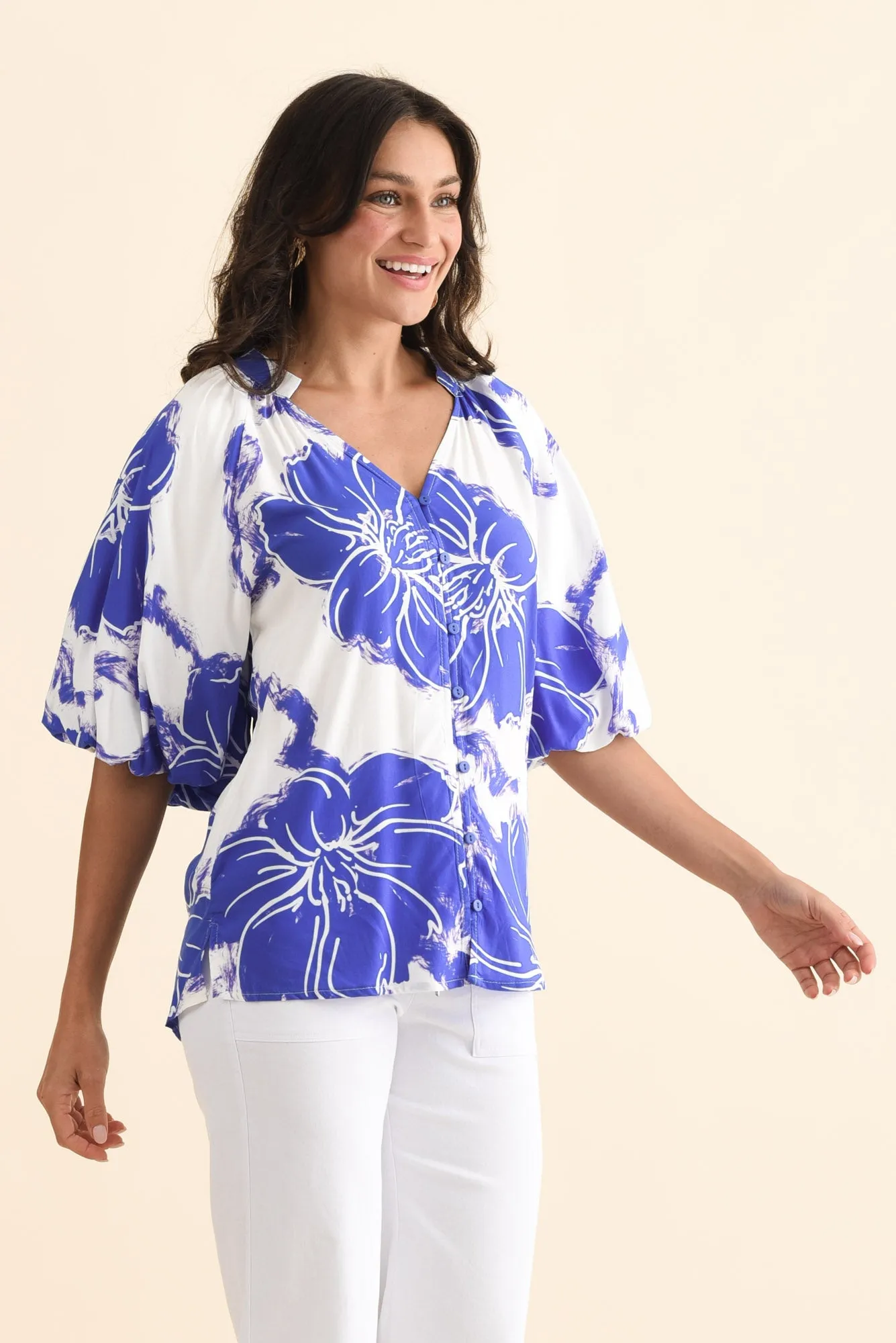 Jewel Cobalt Flower Puff Sleeve Blouse sold by Blue Bungalow product image thumbnail 3