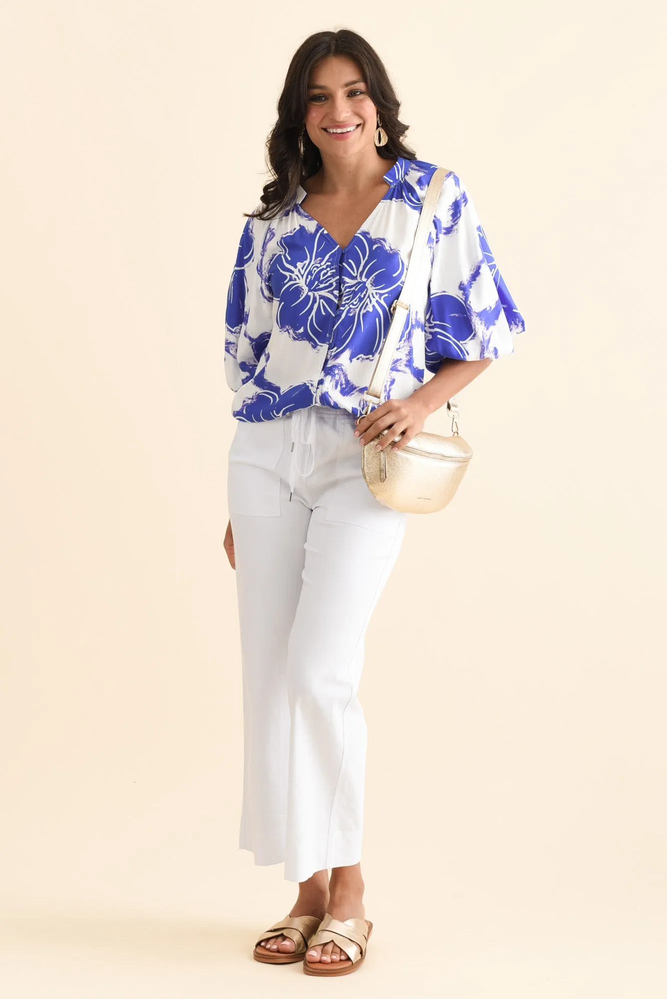 Jewel Cobalt Flower Puff Sleeve Blouse sold by Blue Bungalow product image thumbnail 2