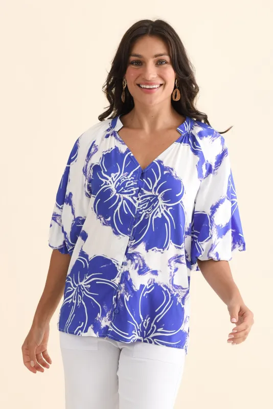 Jewel Cobalt Flower Puff Sleeve Blouse sold by Blue Bungalow