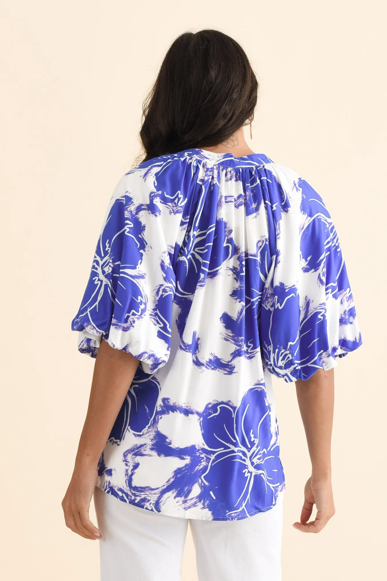 Jewel Cobalt Flower Puff Sleeve Blouse sold by Blue Bungalow product image thumbnail 4