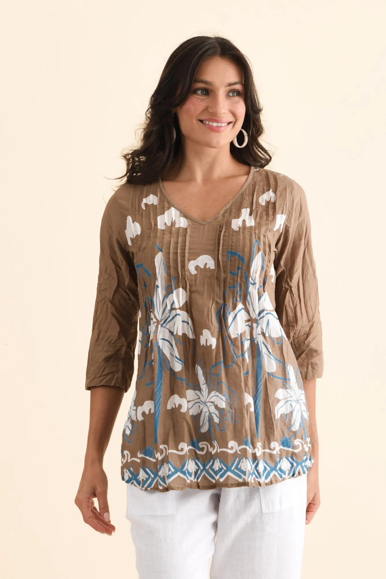 Fia Brown Tropical Sleeved Crinkle Cotton Top sold by Blue Bungalow