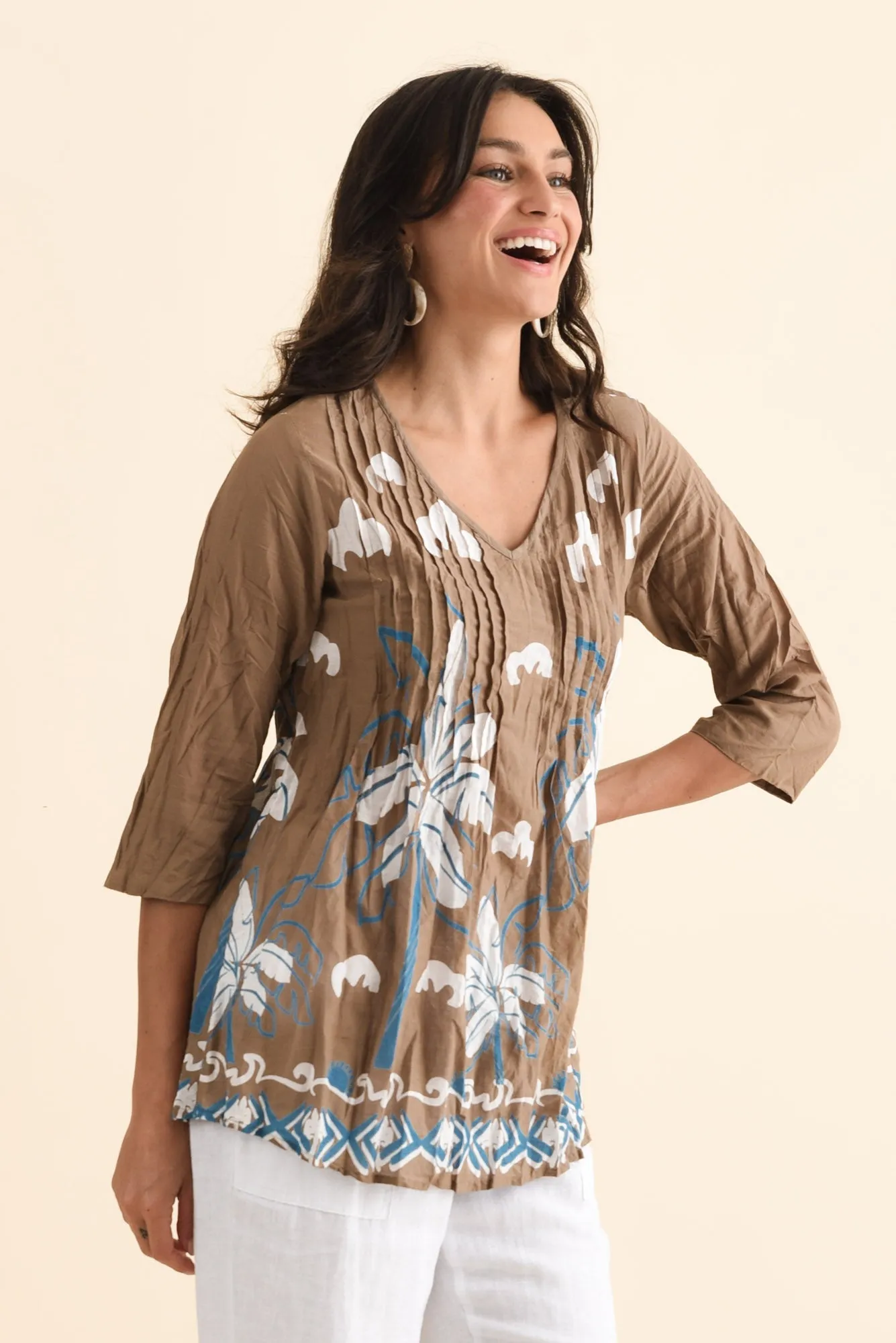 Fia Brown Tropical Sleeved Crinkle Cotton Top sold by Blue Bungalow product image thumbnail 3