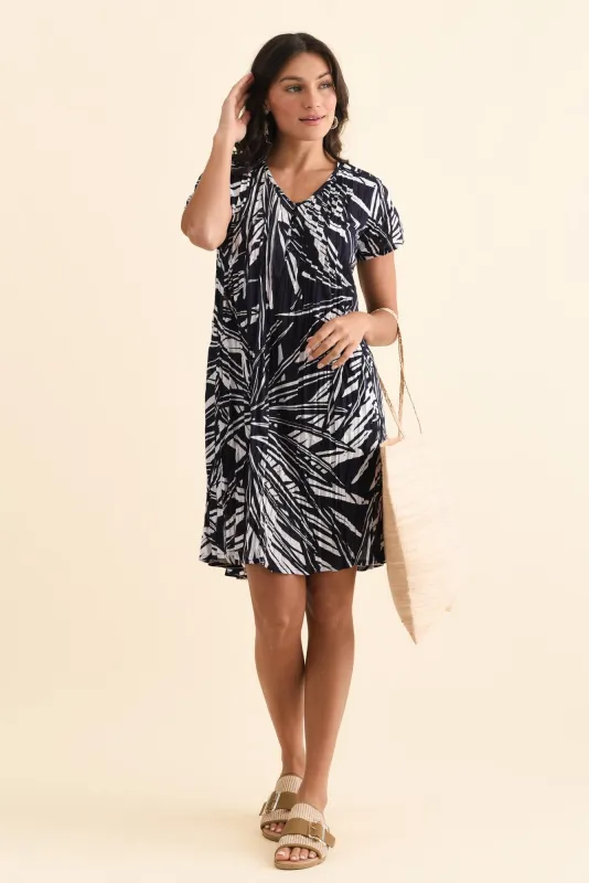 Sabina Navy Foliage Crinkle Cotton Dress sold by Blue Bungalow