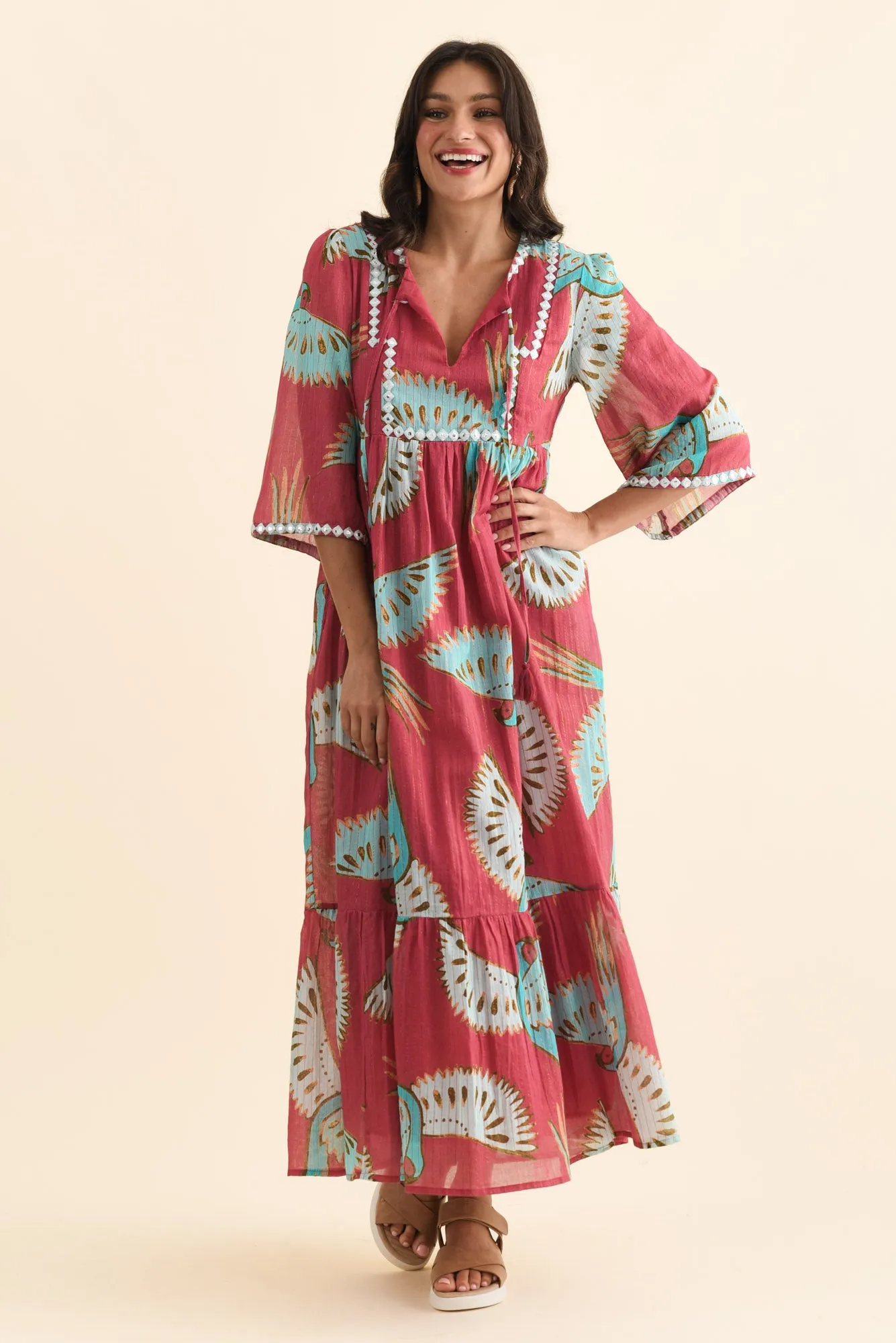 Lorrini Red Bird Cotton Tier Dress sold by Blue Bungalow