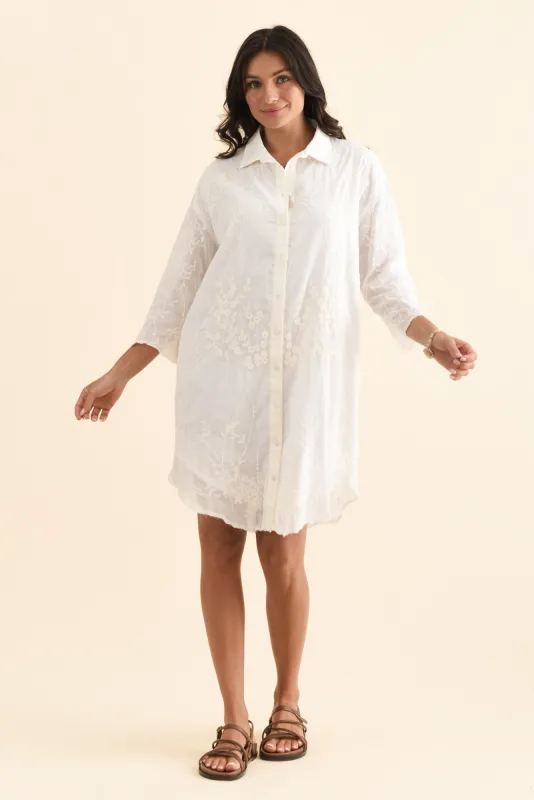 Offredo White Cotton Embroidered Shirt Dress sold by Blue Bungalow