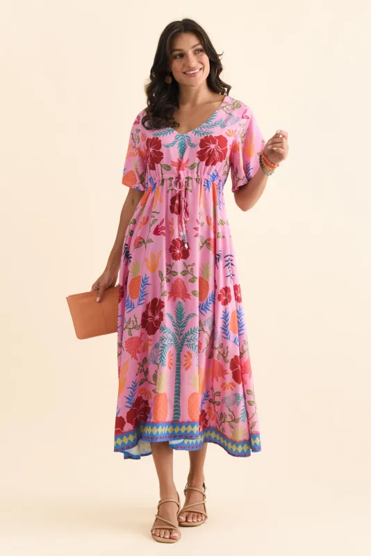 Jennifer Pink Tropical Flutter Sleeve Dress sold by Blue Bungalow